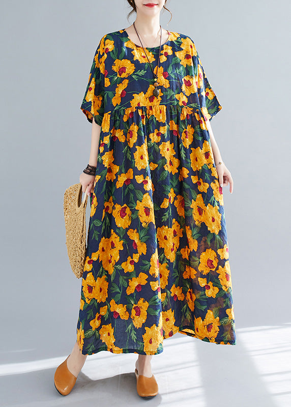 French Yellow O-Neck Print Cotton Long Dresses Short Sleeve