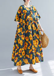 French Yellow O-Neck Print Cotton Long Dresses Short Sleeve