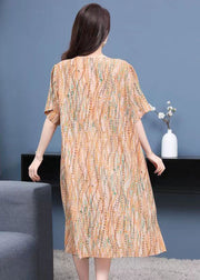 French Yellow O Neck Print Patchwork Chiffon Mid Dress Summer