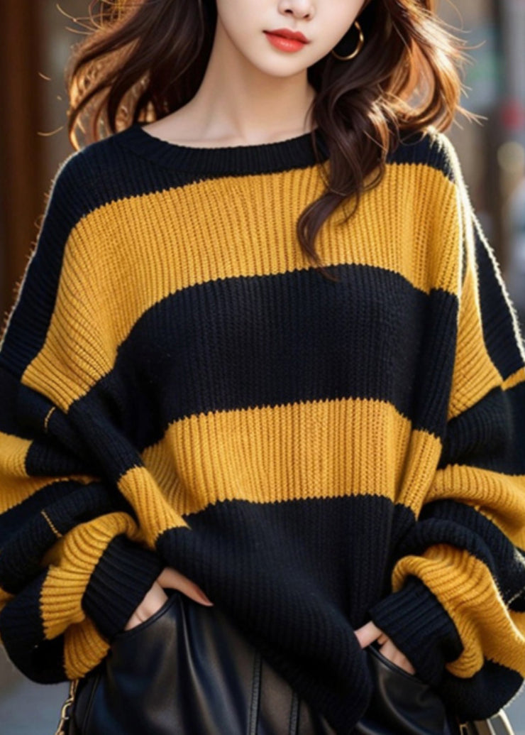 French Yellow O Neck Striped Cozy Knit Sweaters Spring