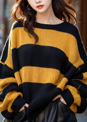 French Yellow O Neck Striped Cozy Knit Sweaters Spring