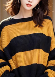 French Yellow O Neck Striped Cozy Knit Sweaters Spring