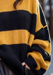 French Yellow O Neck Striped Cozy Knit Sweaters Spring