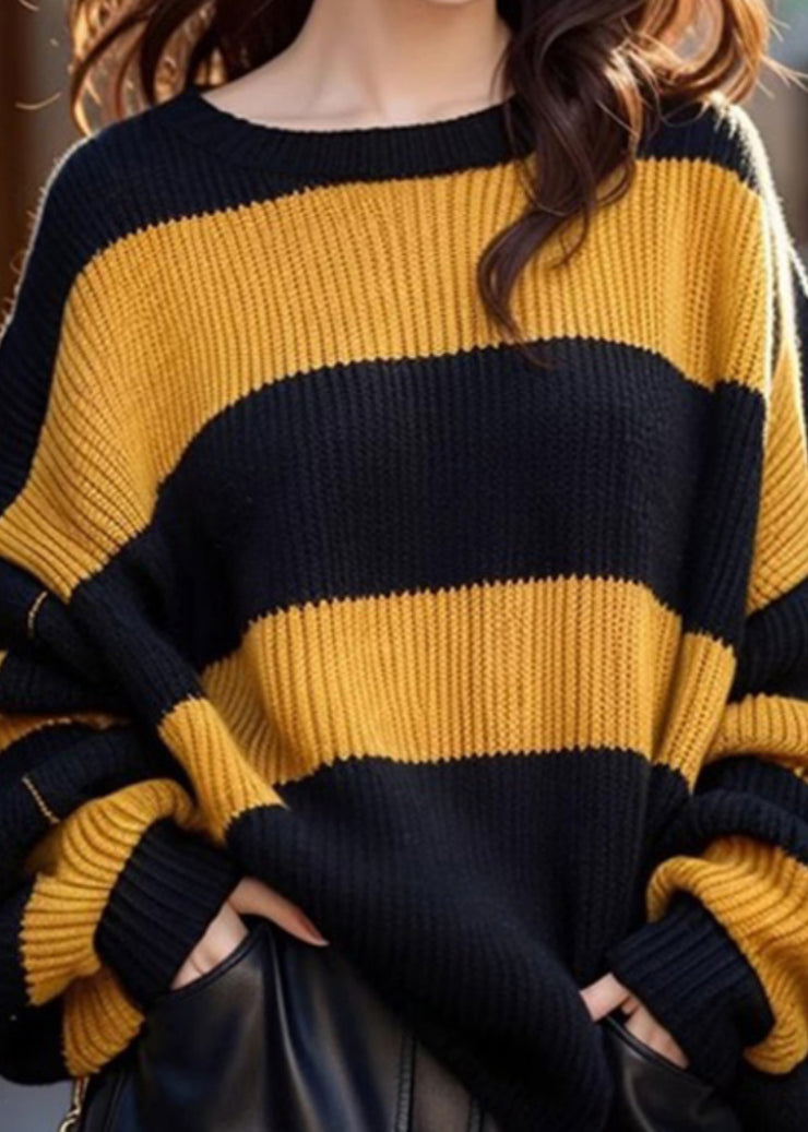 French Yellow O Neck Striped Cozy Knit Sweaters Spring