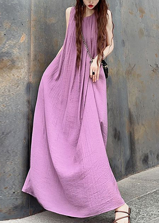 French Yellow O-Neck Wrinkled Cotton Long Dress Sleeveless