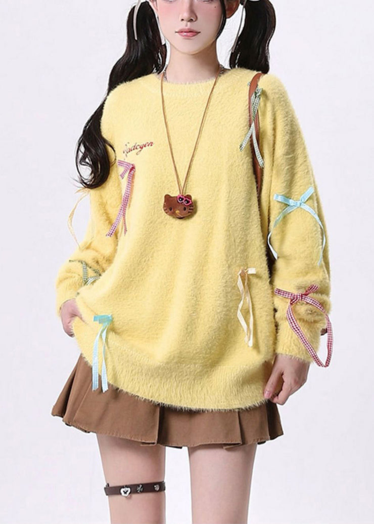 French Yellow Oversized Bow Knitted Tops Spring