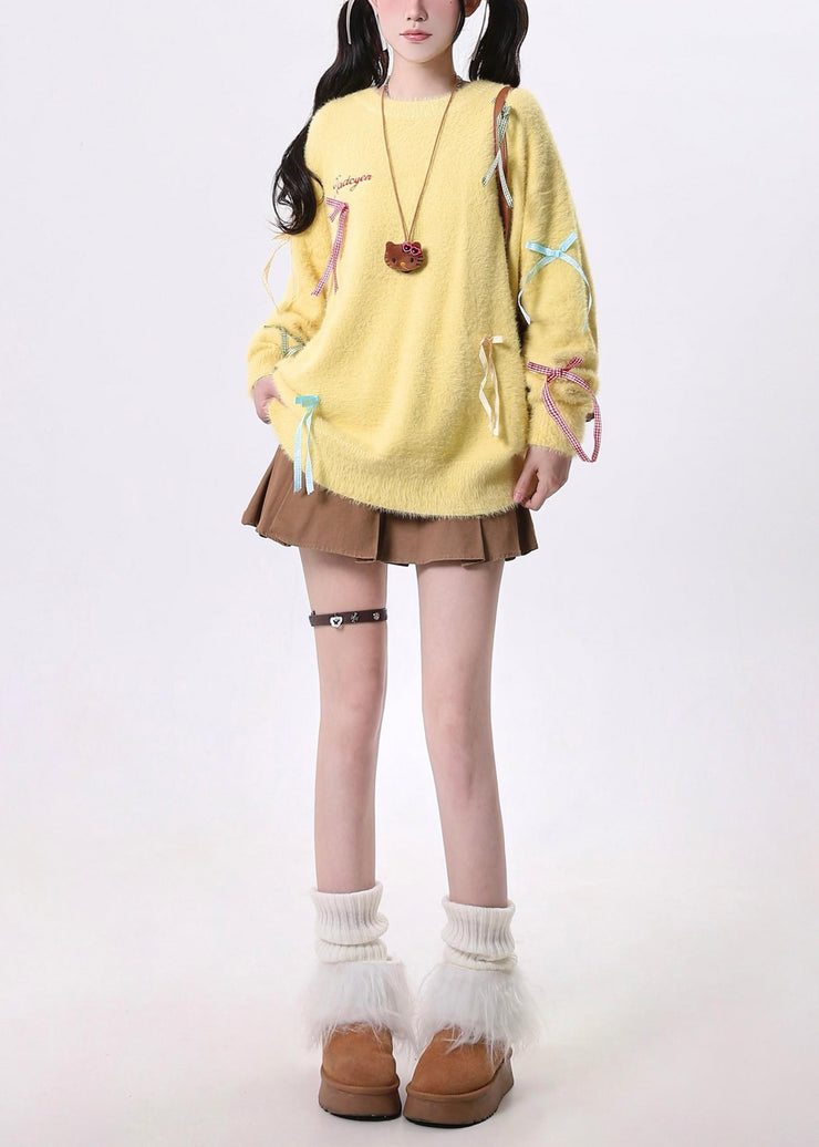 French Yellow Oversized Bow Knitted Tops Spring