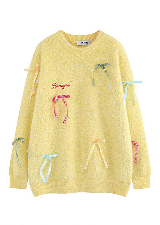 French Yellow Oversized Bow Knitted Tops Spring