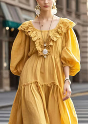 French Yellow Oversized Cotton Maxi Dresses Bracelet Sleeve