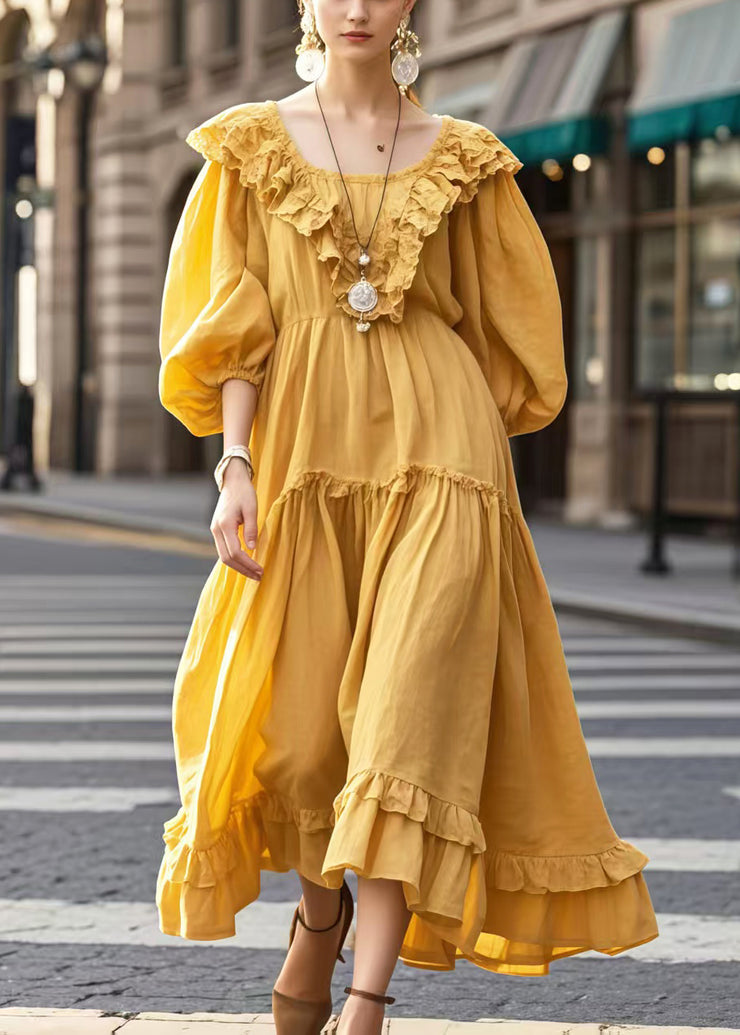 French Yellow Oversized Cotton Maxi Dresses Bracelet Sleeve