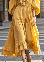 French Yellow Oversized Cotton Maxi Dresses Bracelet Sleeve