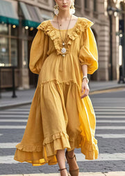 French Yellow Oversized Cotton Maxi Dresses Bracelet Sleeve