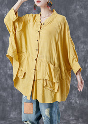 French Yellow Oversized Patchwork Linen Shirts Batwing Sleeve