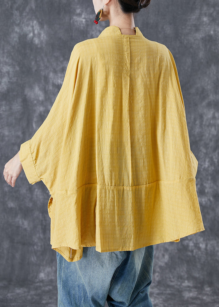 French Yellow Oversized Patchwork Linen Shirts Batwing Sleeve