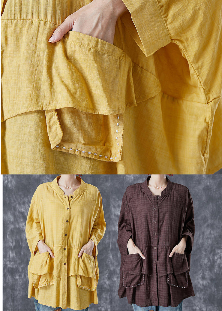 French Yellow Oversized Patchwork Linen Shirts Batwing Sleeve