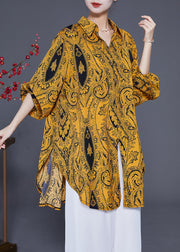 French Yellow Oversized Print Side Open Chiffon Shirt Lantern Sleeve