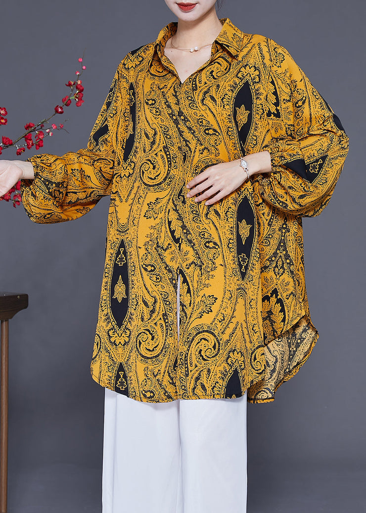 French Yellow Oversized Print Side Open Chiffon Shirt Lantern Sleeve