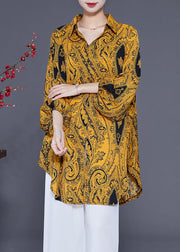 French Yellow Oversized Print Side Open Chiffon Shirt Lantern Sleeve