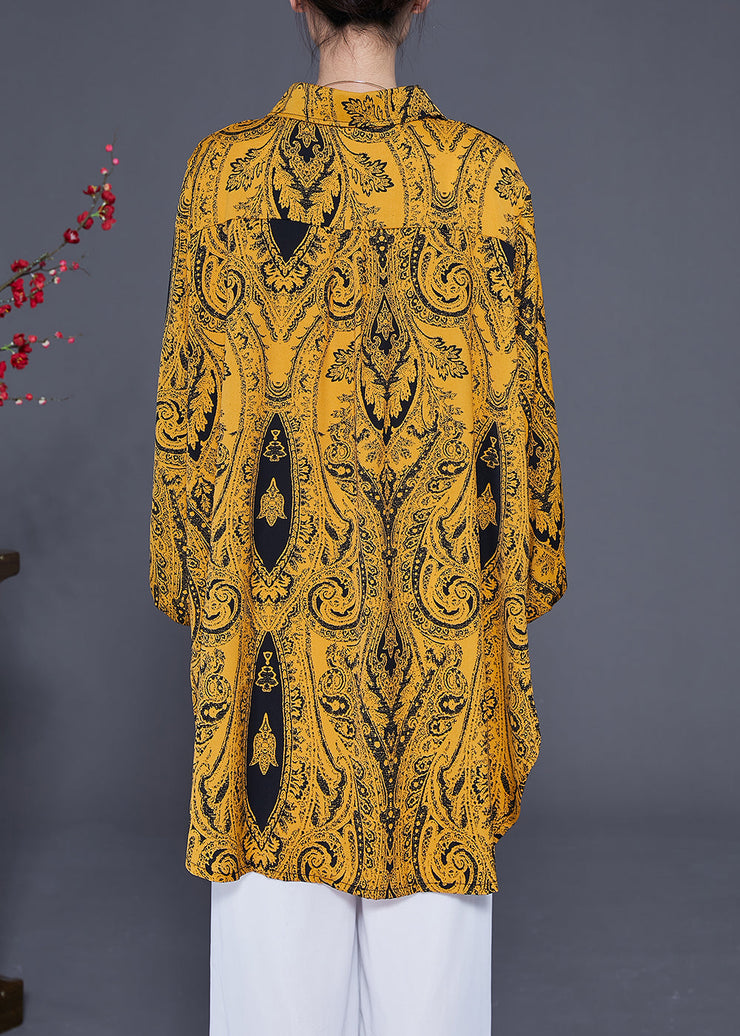 French Yellow Oversized Print Side Open Chiffon Shirt Lantern Sleeve