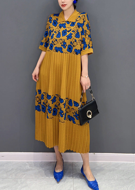 French Yellow Peter Pan Collar Print Knit Patchwork Maxi Dress Half Sleeve