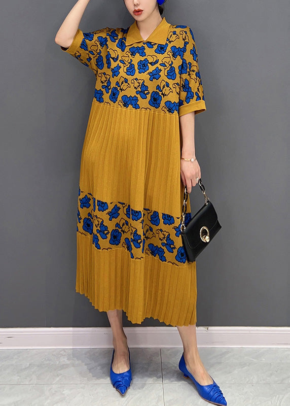 French Yellow Peter Pan Collar Print Knit Patchwork Maxi Dress Half Sleeve