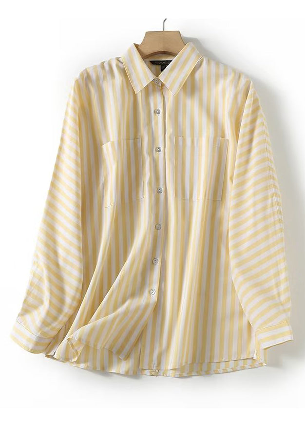 French Yellow Peter Pan Collar Striped Pockets Cotton Shirts Long Sleeve