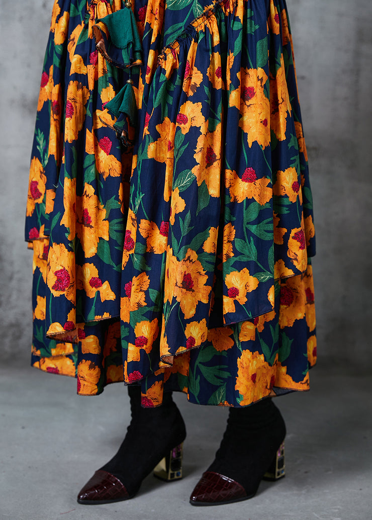 French Yellow Print Exra Large Hem Chiffon Skirt Spring