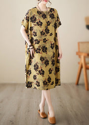 French Yellow Print Patchwork Holiday Long Dress Short Sleeve