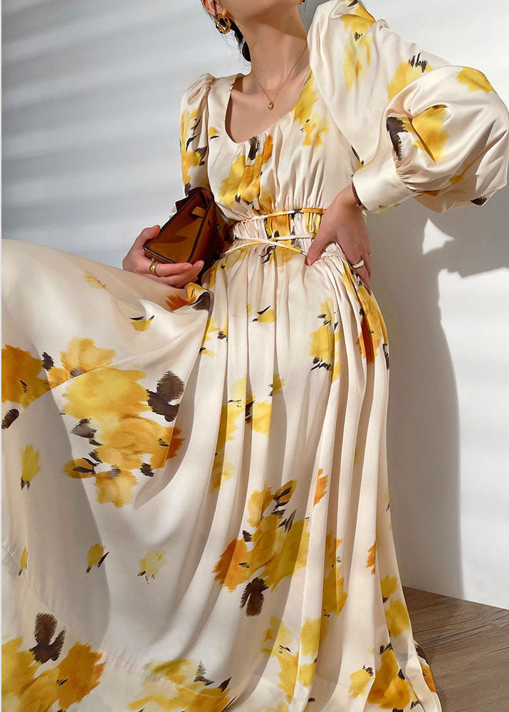 French Yellow Print Square Collar Exra Large Hem Silk Maxi Dresses Long Sleeve