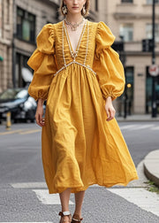 French Yellow Puff Sleeve Nail Bead Wrinkled Cotton Party Dress