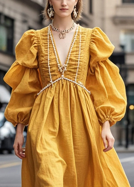 French Yellow Puff Sleeve Nail Bead Wrinkled Cotton Party Dress