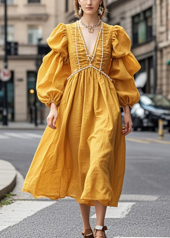 French Yellow Puff Sleeve Nail Bead Wrinkled Cotton Party Dress