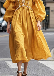 French Yellow Puff Sleeve Nail Bead Wrinkled Cotton Party Dress