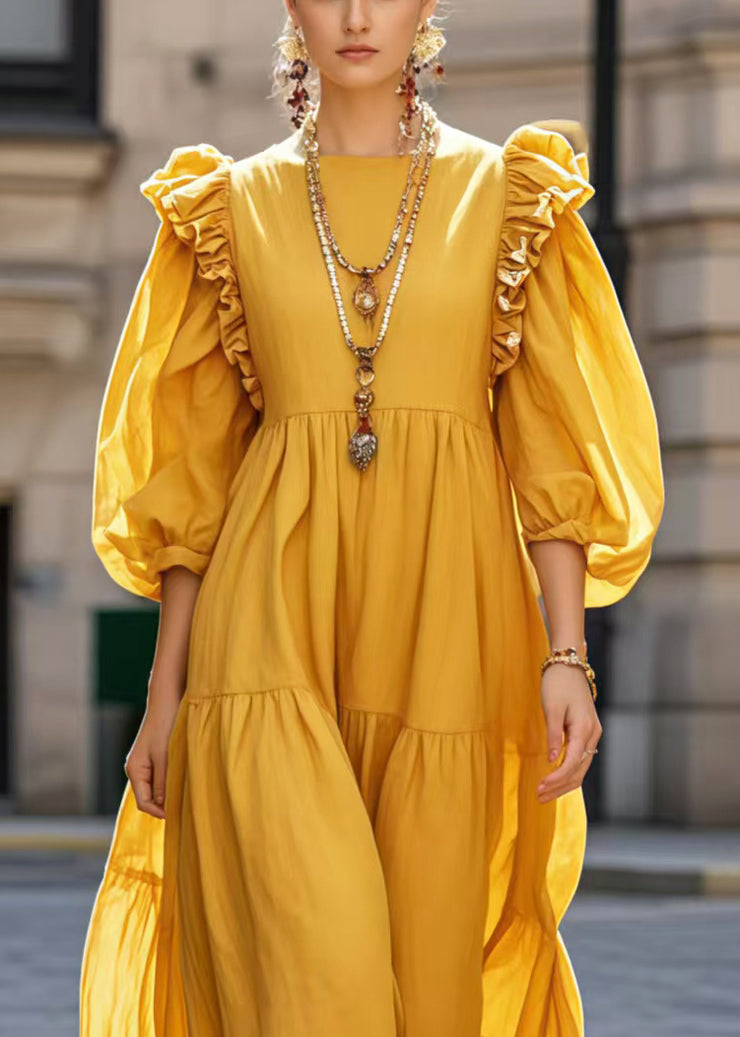 French Yellow Ruffled Cotton Vacation Dresses Bracelet Sleeve