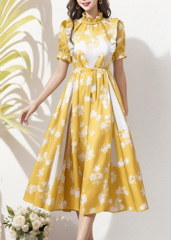 French Yellow Ruffled Print Patchwork Silk Dress Summer