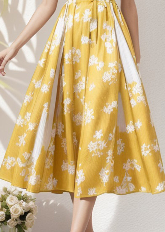 French Yellow Ruffled Print Patchwork Silk Dress Summer
