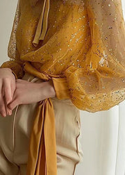 French Yellow Sequins Patchwork Tulle Shirt Long Sleeve