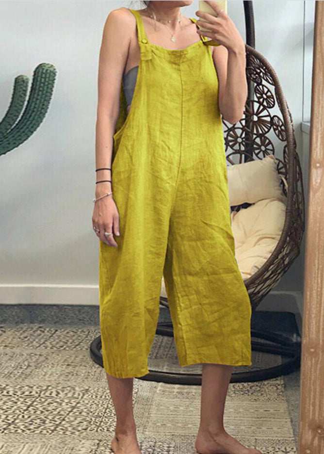 French Yellow Solid High Waist Cotton Jumpsuits Sleeveless