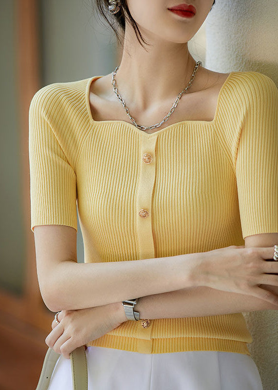 French Yellow Square Collar Ice Silk Knit Top Summer