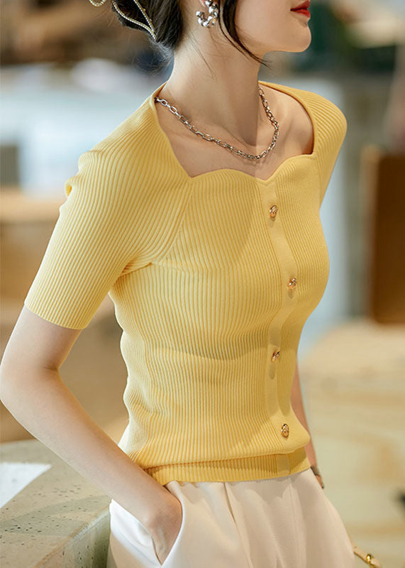 French Yellow Square Collar Ice Silk Knit Top Summer