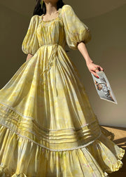 French Yellow Square Collar Print Silk Holiday Dresses Lantern Sleeve