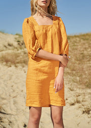 French Yellow Square Collar Puff Sleeve Linen Dresses