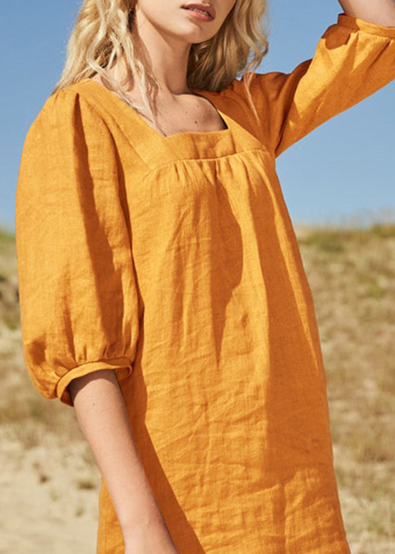 French Yellow Square Collar Puff Sleeve Linen Dresses