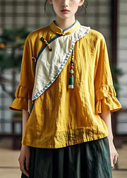 French Yellow Stand Collar Button Cotton Shirts Flare Sleeve