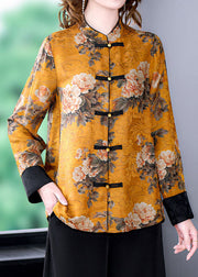 French Yellow Stand Collar Chinese Button Print Silk Outwear Spring