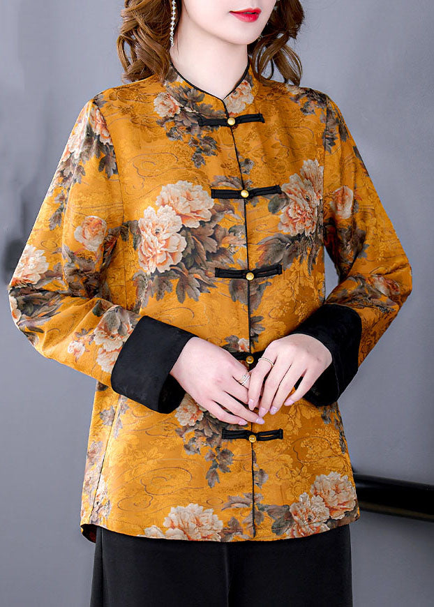 French Yellow Stand Collar Chinese Button Print Silk Outwear Spring