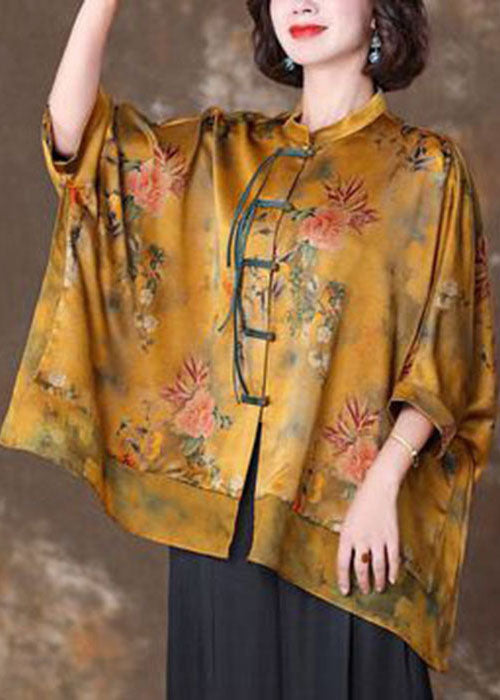 French Yellow Stand Collar Oversized Patchwork Print Silk Shirts Batwing Sleeve