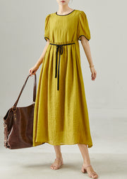 French Yellow Tie Waist Cotton Vacation Dresses Summer