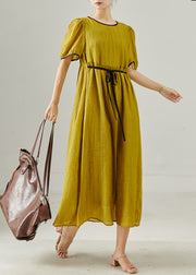 French Yellow Tie Waist Cotton Vacation Dresses Summer