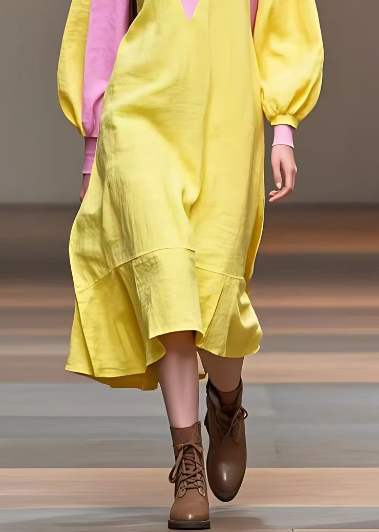 French Yellow Turtleneck Patchwork Cotton Dresses Fall